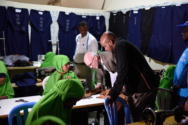 The UN envoy to Somalia, James Swan, visits a livelihood project supported by the United Nations High Commission for Refugees (UNHCR) in Hargeisa, Somaliland, on 27 July 2019. The livelihood project is contributing to skills development, job creation and