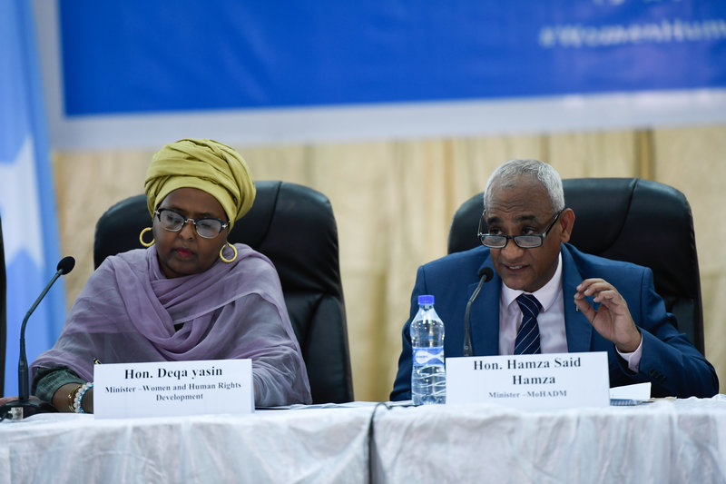 Hamza Said Hamza (right), the Somali Federal Minister of Humanitarian Affairs and Disaster Management, speaks during an event to mark the World Humanitarian Day on 19 August 2019 in Mogadishu, Somalia. UN Photo / Omar Abdisalan Hamza Said Hamza (right), the Somali Federal Minister of Humanitarian Affairs and Disaster Management, speaks during an event to mark the World Humanitarian Day on 19 August 2019 in Mogadishu, Somalia. UN Photo / Omar Abdisalan