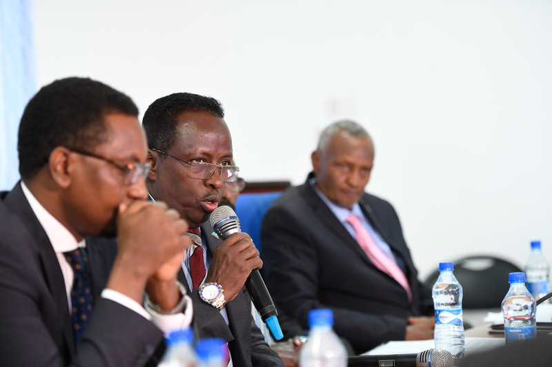 Mohamed Abdi Hayir, the Minister of Information, Culture & Tourism of the Federal Government of Somalia, speaks at a consultative meeting on communication and public awareness held in Somalia on 20 August 2019. The meeting was also attended by representat