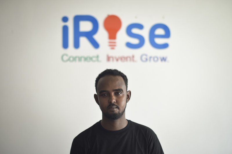 Awil Abdi, CEO and Cofounder of iRise Hub, stands in the offices of Mogadishu’s first tech innovation hub. The hub’s aim is to provide both a place for the city’s budding tech entrepreneurs to work, as well as offer them guidance along the way.