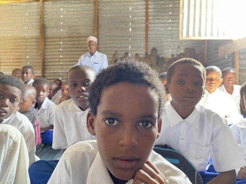 Young boys in school, there is a male teacher in the background