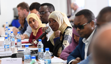 A member of the UN Youth Advisory Board asks a question during a meeting with Oscar Fernandez-Taranco, the UN Assistant Secretary-General for Peacebuilding Support, and James Swan, the UN Secretary-General’s Special Representative for Somalia, in Mogadish