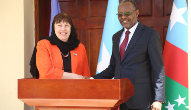 Virginia Gamba, the UN Secretary-General's Special Representative for Children and Armed Conflict, meets the President of South West State of Somalia, Abdiaziz Hassan Mohamed Laftagareen, during her visit to Baidoa, Somalia, on 29 October 2019. UN Photo