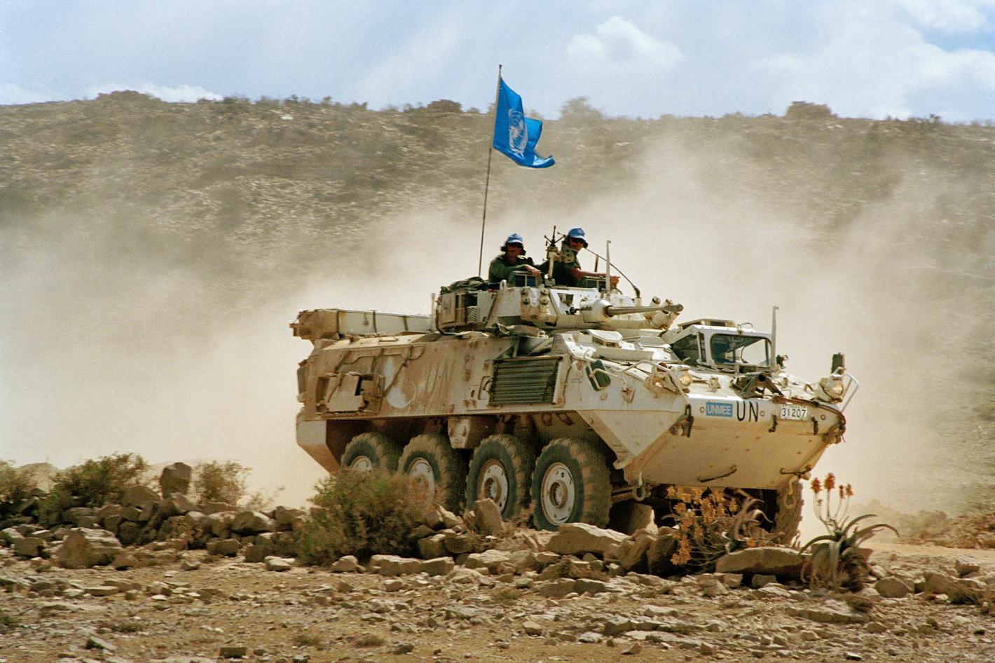 UNMEE Armoured Personnel Carrier (APC) patrols the area of Senafe.