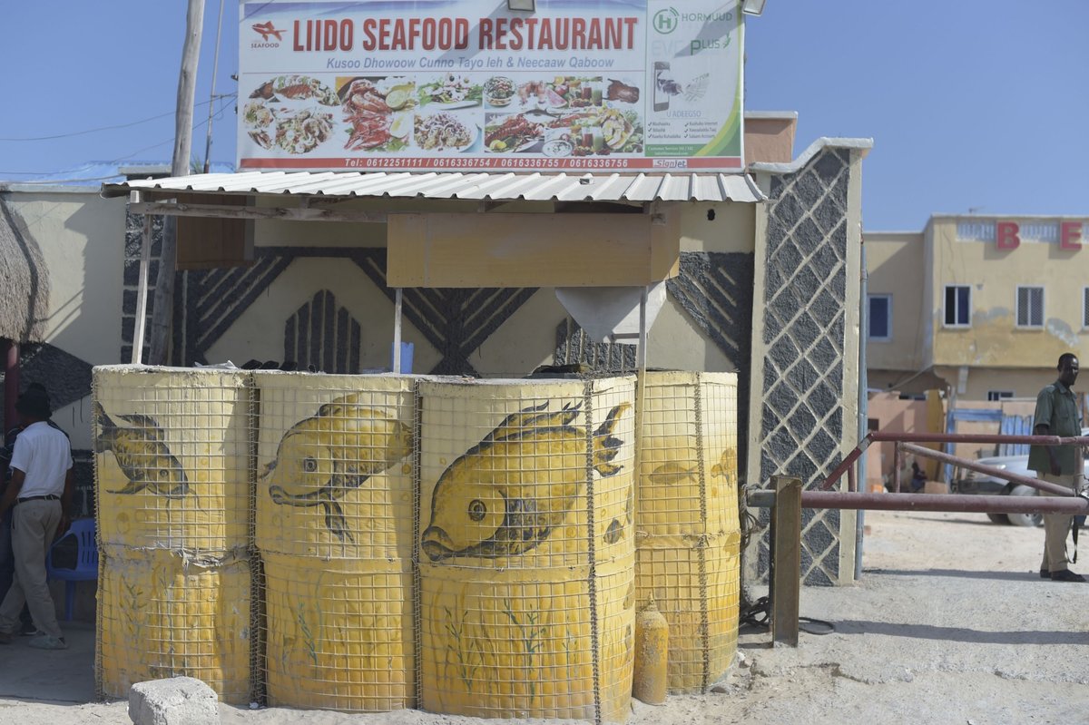 Decorated hescos, which serve as defense barriers for the Lido Seafood Restaurant, are some of those painted by members of Aqiila Art Group based in Mogadishu, Somalia. Decorated hescos, which serve as defense barriers for the Lido Seafood Restaurant, are some of those painted by members of Aqiila Art Group based in Mogadishu, Somalia.