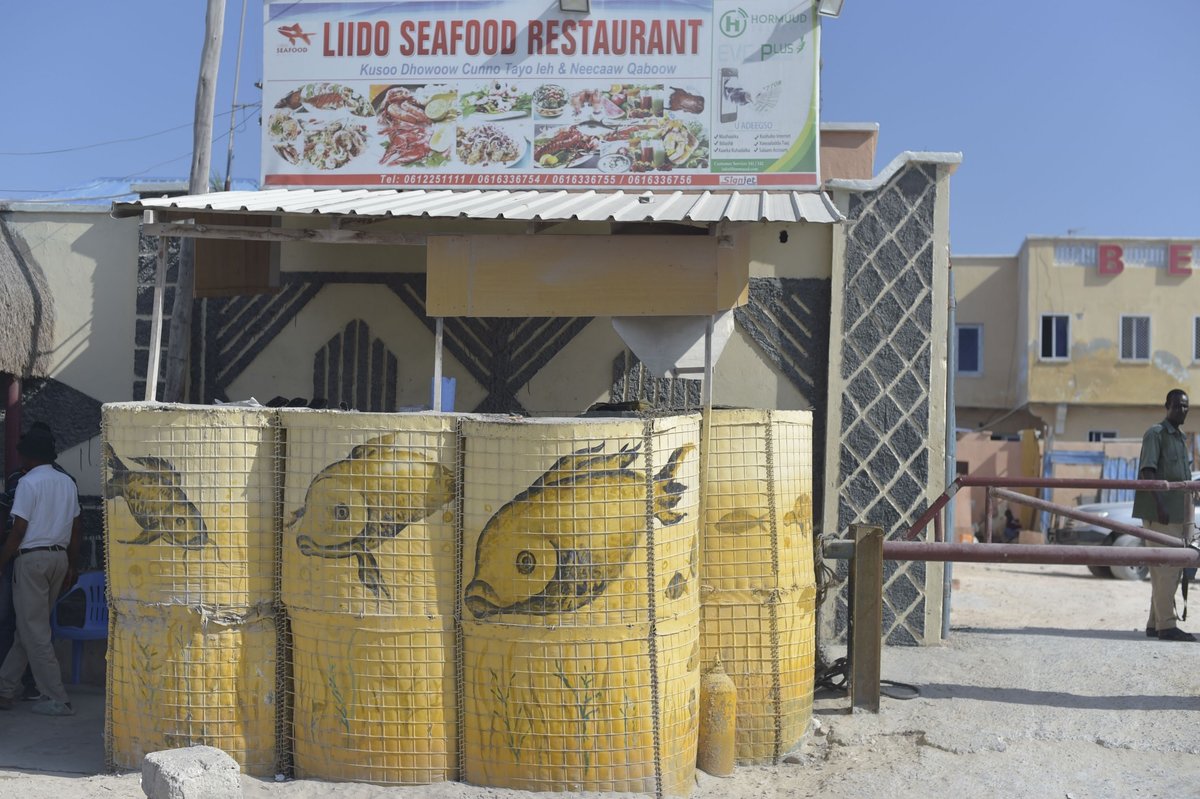 Decorated hescos, which serve as defense barriers for the Lido Seafood Restaurant, are some of those painted by members of Aqiila Art Group based in Mogadishu, Somalia.