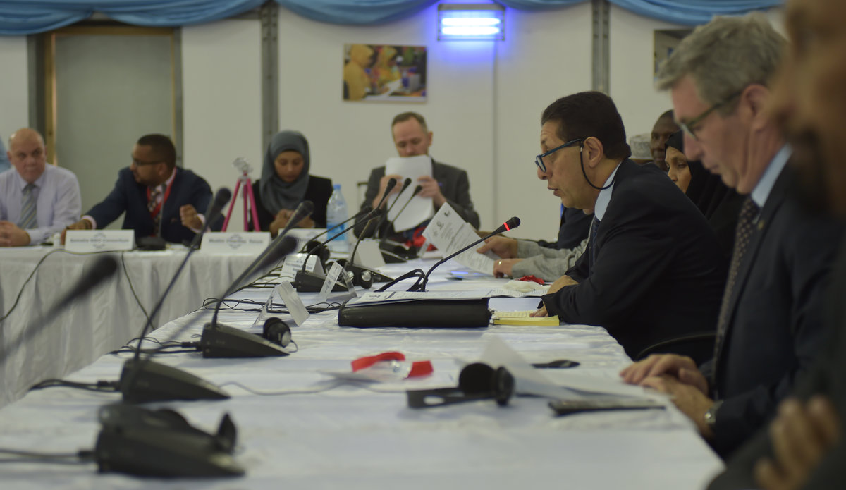 The Assistant Secretary-General for Humanitarian Affairs of the OIC, H.E. Ambassador Hesham Yussef, giving an opening address at the Humanitarian Coordination Meeting for the Renewed Commitment to Prevent Famine in Somalia in the capital of Mogadishu on April 11, 2017. UN Photo