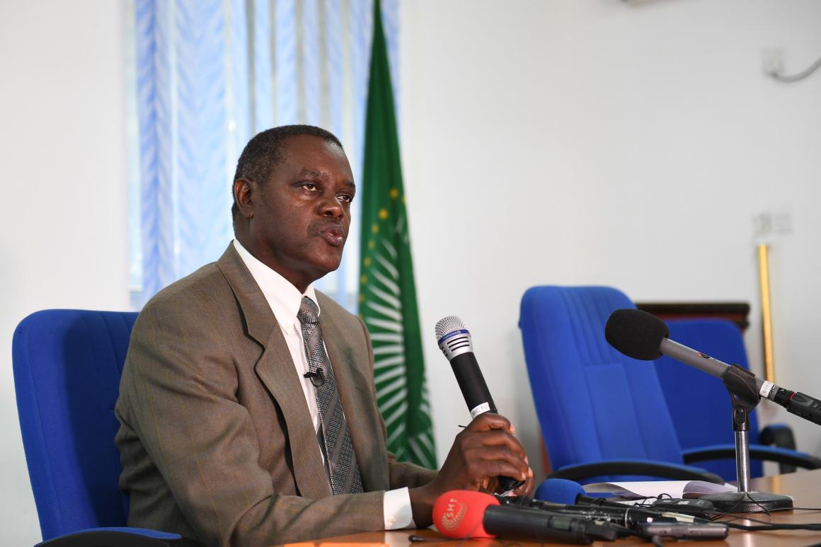 The UN Independent Expert on the situation of human rights in Somalia, Bahame Tom M. Nyanduga, addresses a press conference in Mogadishu, Somalia, on 25 July 2019. UN Photo / Omar Abdisalan