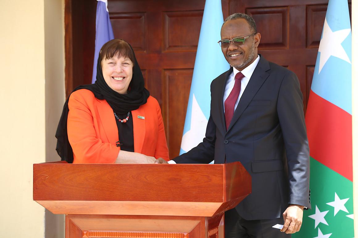 Virginia Gamba, the UN Secretary-General's Special Representative for Children and Armed Conflict, meets the President of South West State of Somalia, Abdiaziz Hassan Mohamed Laftagareen, during her visit to Baidoa, Somalia, on 29 October 2019. UN Photo